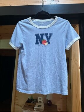 Old Navy Light Blue Ringer Tee with Navy NY and Red Apple
